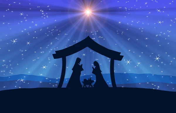 Kerststal Scene Zwart Silhouet Blauwe Achtergrond — Stockfoto