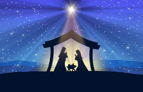 Kerststal Scene Zwart Silhouet Blauwe Achtergrond — Stockfoto