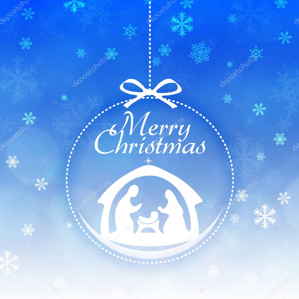 Merry Christmas greeting card with white Nativity Scene in a ball on blue background