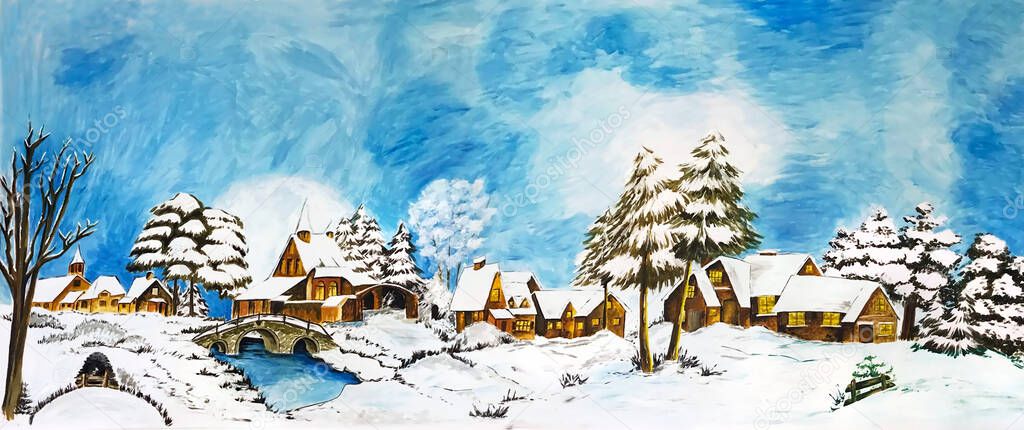 Snowy winter village landscape fairy-tale
