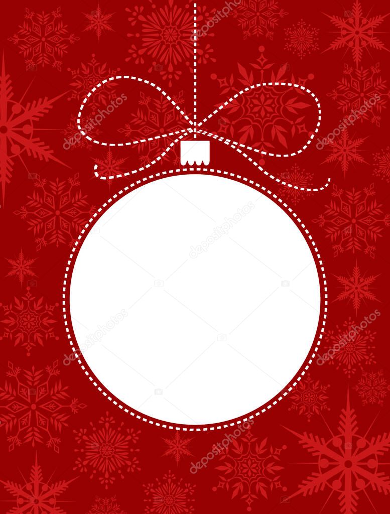 Christmas greeting card background with a white carved ball on red background with snowflakes
