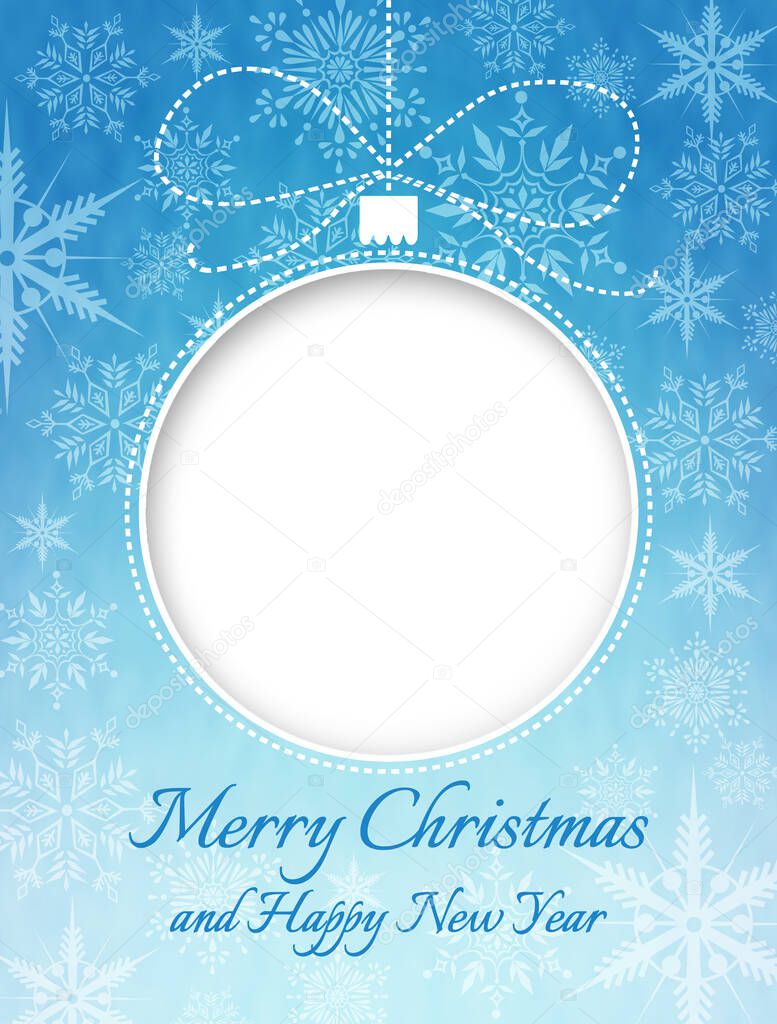 Merry Christmas greeting card background with a white carved ball on blue background with snowflakes