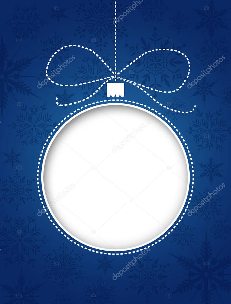 Christmas greeting card background with a white carved ball on blue background with snowflakes
