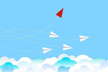 Farklı bir kavram düşün. Kırmızı uçak yön değiştiriyor. Yeni fikir, değişim, eğilim, cesaret, yaratıcı çözüm, yenilik ve benzersiz konsept.