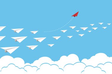 Farklı bir kavram düşün. Kırmızı uçak yön değiştiriyor. Yeni fikir, değişim, eğilim, cesaret, yaratıcı çözüm, yenilik ve benzersiz konsept.