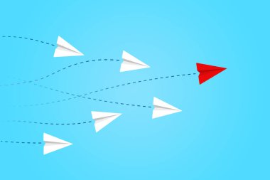 Liderlik ve rekabet konsepti, kırmızı kağıt uçak beyazlar arasında lider..