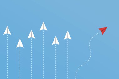 Kırmızı uçak yön değiştiriyor ve beyaz olanlar. Kavram: değişim, benzersiz, eğilim, cesaret, yenilik, farklılık.