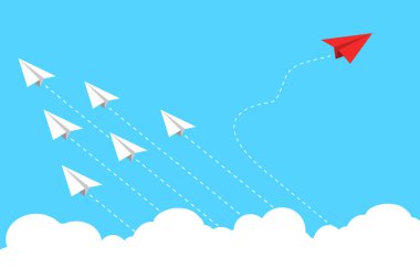 Farklı bir kavram düşün. Kırmızı uçak yön değiştiriyor. Yeni fikir, değişim, eğilim, cesaret, yaratıcı çözüm, yenilik ve benzersiz konsept.