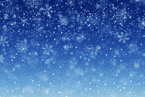 Fondo Azul Tarjeta Navidad Con Copos Nieve Bokeh —  Fotos de Stock