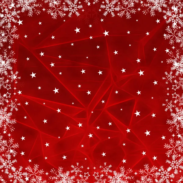 Rode Kerstkaart Achtergrond Met Sterren Sneeuwvlokken — Stockfoto