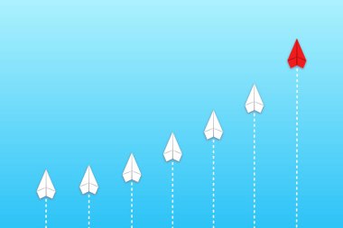 Liderlik ve rekabet konsepti, kırmızı kağıt uçak beyazlar arasında lider..