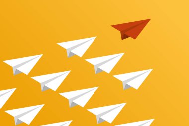 Liderlik ve rekabet kavramı, beyazlar arasında öncülük eden kırmızı kağıt uçak..