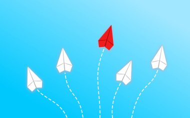 Liderlik ve rekabet konsepti, kırmızı kağıt uçak beyazlar arasında lider..