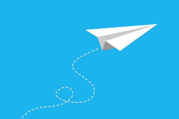 white paper plane flying. Concepts: the way forward, unique, innovation, start-up company, business, growth, travel, freedom, dream.