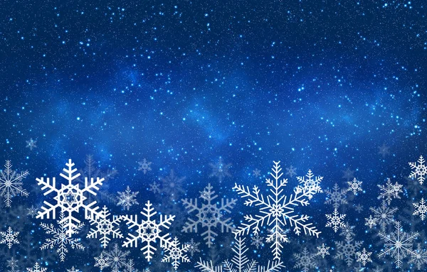 Niebieski Tło Kartki Świąteczne Gwiazdkami Płatki Śniegu Dekoracje — Zdjęcie stockowe
