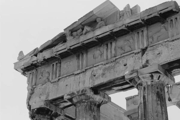 Detalle Del Partenón Acrópolis Atenas Grecia Fotografía Blanco Negro — Foto de Stock
