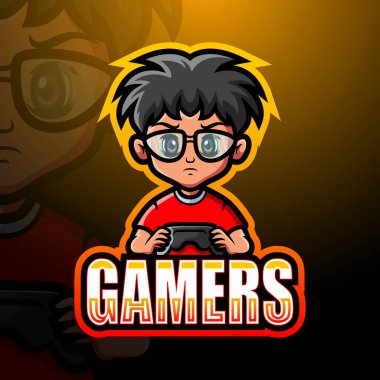 Oyuncu çocuk maskotu Esport logo tasarımının vektör illüstrasyonu
