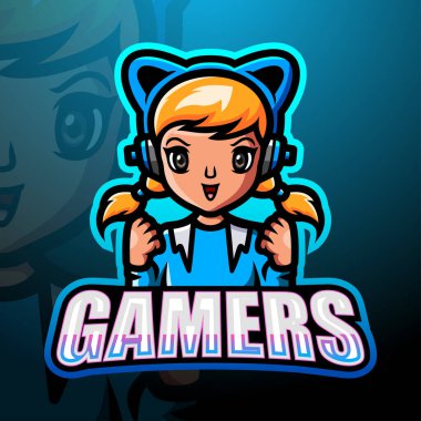 Oyuncu kız maskot esport logo tasarımının vektör illüstrasyonu