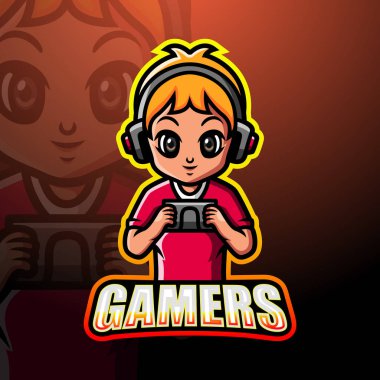 Oyuncu çocuk maskotu Esport logo tasarımının vektör illüstrasyonu