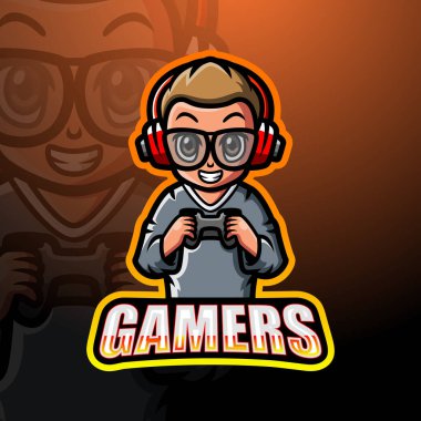Oyuncu çocuk maskotu Esport logo tasarımının vektör illüstrasyonu