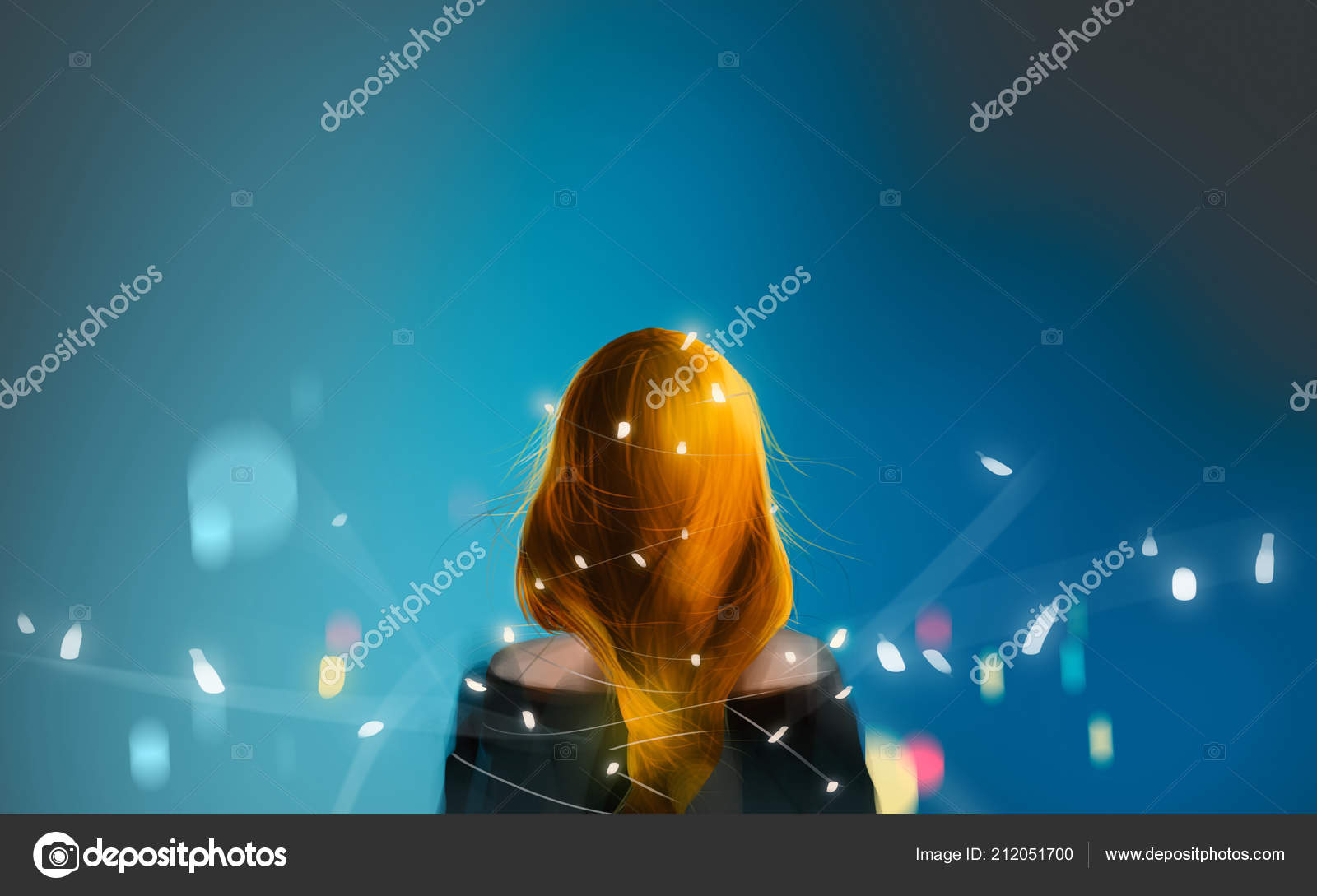 Beautiful Blonde Red Hair Girl Christmas Lights Blue Photo by ©vector3D 212051700