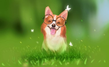 Dijital illüstrasyon sanat tasarım stili bir corgi köpek gülümseme boyama ve mutlu bahar yeşil çimenlerin üzerinde