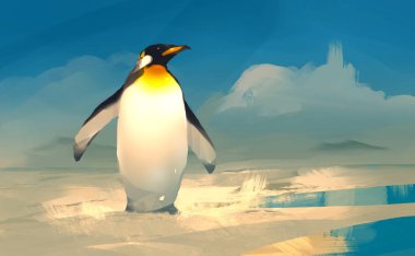 Dijital illüstrasyon sanat resim tarzı buz üzerinde İmparator penguen duran