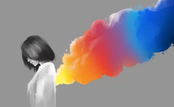 Asian Beautiful Girl Colorful Smoke Flare Digital Illustration Art Painting — Stock Photo, Image