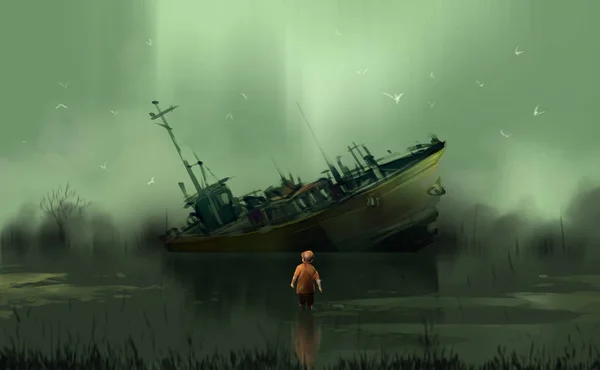 Мальчик Стоящий Болоте Посмотрите Заброшенную Лодку Против Огромного Водопада Цифровой — стоковое фото