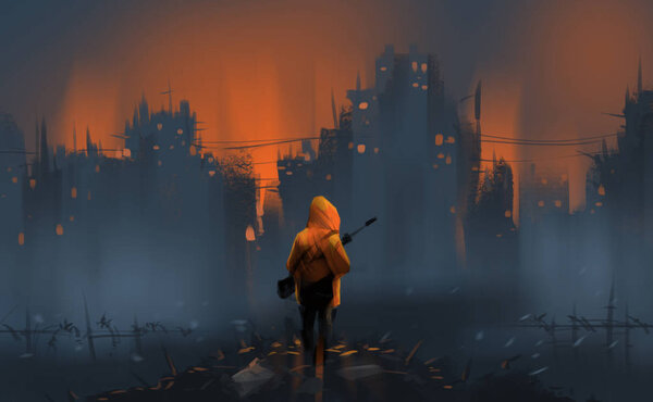 a warrior standing on many ruins against war and building burning, digital illustration art painting design style