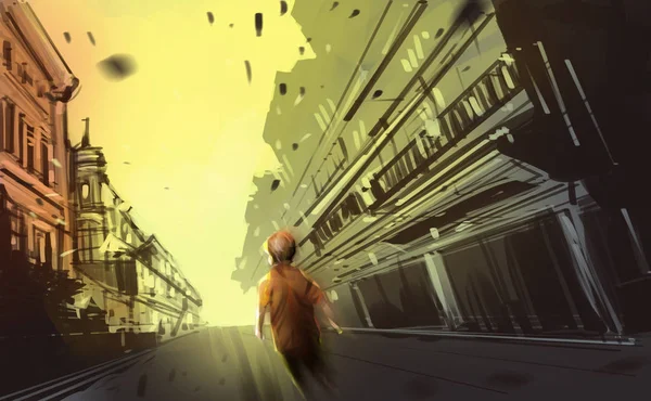 Мальчик Прогуливающийся Заброшенном Городе Стиль Дизайна Цифровой Иллюстрации — стоковое фото