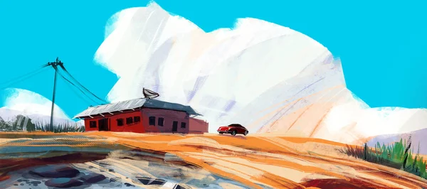 Червоний будинок у пустелі зі спортивним автомобілем на тлі блакитного неба — стокове фото