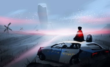 Digital illustration painting design style a a man sitting on roof of the old police car, against aliens's robot. clipart