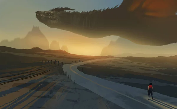Digital Illustration Painting Design Style Big Dragon Flying Farm Sunset — Stock Photo, Image