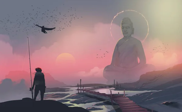 Digital Illustrasjonsmaleri Motefisker Som Står Klippen Ser Stor Statue Buddha – stockfoto