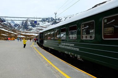 Myrdal, Norveç - 13 Mayıs 2019: Flam Demiryolu (Flamsbana) Norveç 'in en güzel tren yolculuklarından biridir.. 