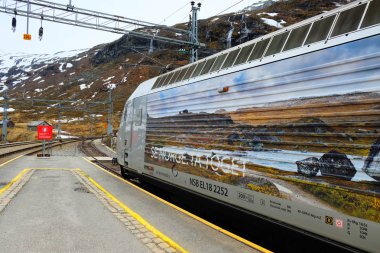 Myrdal, Norveç - 13 Mayıs 2019: Flam Demiryolu en vahşi bazı panoramik manzara sunan görkemli bir tren yolculuğu.. 