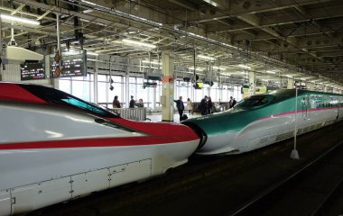 SENDAI - 4 Ocak 2015: Tokyo istasyonunda E5 (Yeşil) / E6 (Kırmızı) Yüksek hızlı trenler kombinasyonu Shinkansen. Tokyo 'dan Morioka' ya birlikte geldiler. Her iki tren de JR Doğu Japonya Demiryolu Şirketi tarafından işletiliyor..