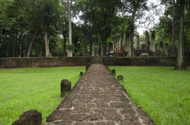 Buda heykeli Wat Phra olmayan eski bina ve kalıntılar şehir Kamphaeng Phet tarihi Park görünümü peyzaj bir arkeolojik site ve Aranyik alanda Kamphaeng Phet, Tayland olduğunu