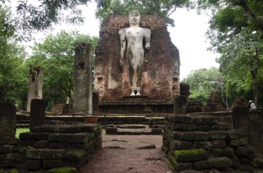 Wat Phra Si Iriyabot Buda heykeli Antik Bina ve kalıntılar şehir Kamphaeng Phet tarihi Park görünümü peyzaj bir arkeolojik site ve Aranyik alanda Kamphaeng Phet, Tayland olduğunu