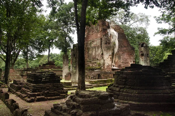 Wat Phra Si Iriyabot Buda heykeli Antik Bina ve kalıntılar şehir Kamphaeng Phet tarihi Park görünümü peyzaj bir arkeolojik site ve Aranyik alanda Kamphaeng Phet, Tayland olduğunu