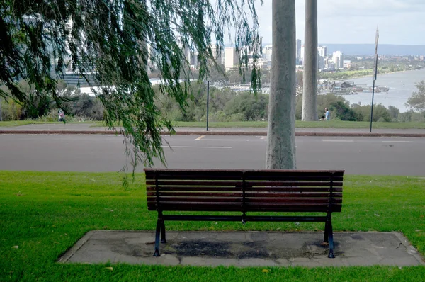 Wooden Bench Garden Viewpoint Cityscape Perth City Kings Park Botanic — Stock Photo, Image