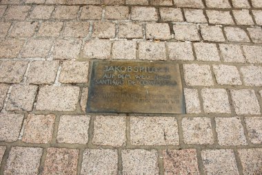 Etiket katta Jakob Spilger ya da St. James Way heykele Speyer şehir hakkında bilgi 27 Ağustos 2017 Rheinland Pfalz, Almanya