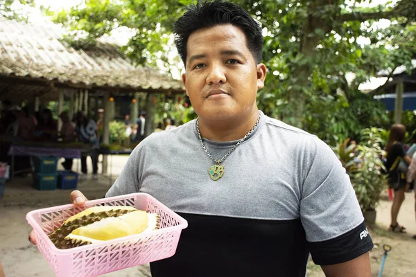 Traveler Thai Man Holding Show Durian Fruit Eat Fruits Buffet — Stock Photo, Image