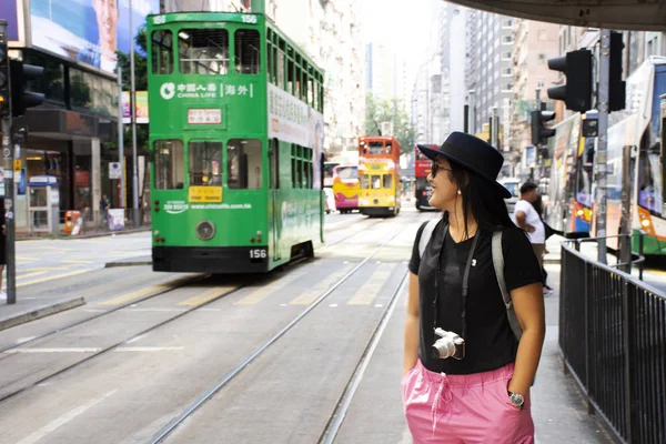 Travelers Thai Woman Walking Bus Station Passenger Retro Vintage Tram — Stock Photo, Image