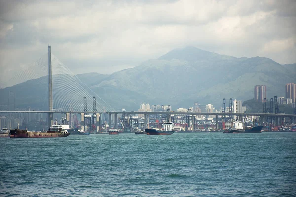 Voir Paysage Paysage Urbain Île Hong Kong Avec Bateau Bateau — Photo