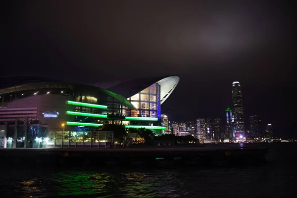 Symfoni Lampor Spektakulära Ljus Och Utställning Victoria Harbour Kväll Tid — Stockfoto