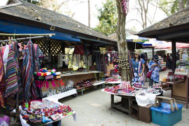Asya Tay insanlar gezi ve alışveriş ürün ve yerel dükkan sokak gıda piyasa Doi Tung Kraliyet Villası ve Mae Fah Luang bahçede Chiang Rai, Tayland
