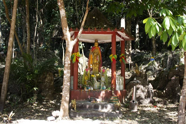 Guanyin Guan Yin Bodhisattva Deusa Muitas Estátuas Quebradas Floresta Para — Fotografia de Stock