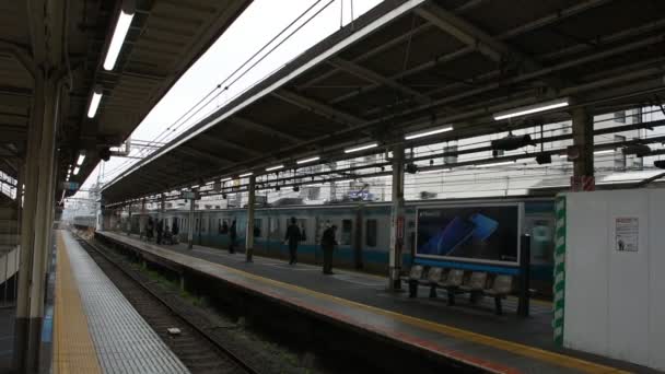 3月30日 日本人と外国人旅行者の乗客は 2019年3月30日に鎌田駅で上野に行くMrtりんかい列車で上下の旅を待ち 下り坂を行きます — ストック動画